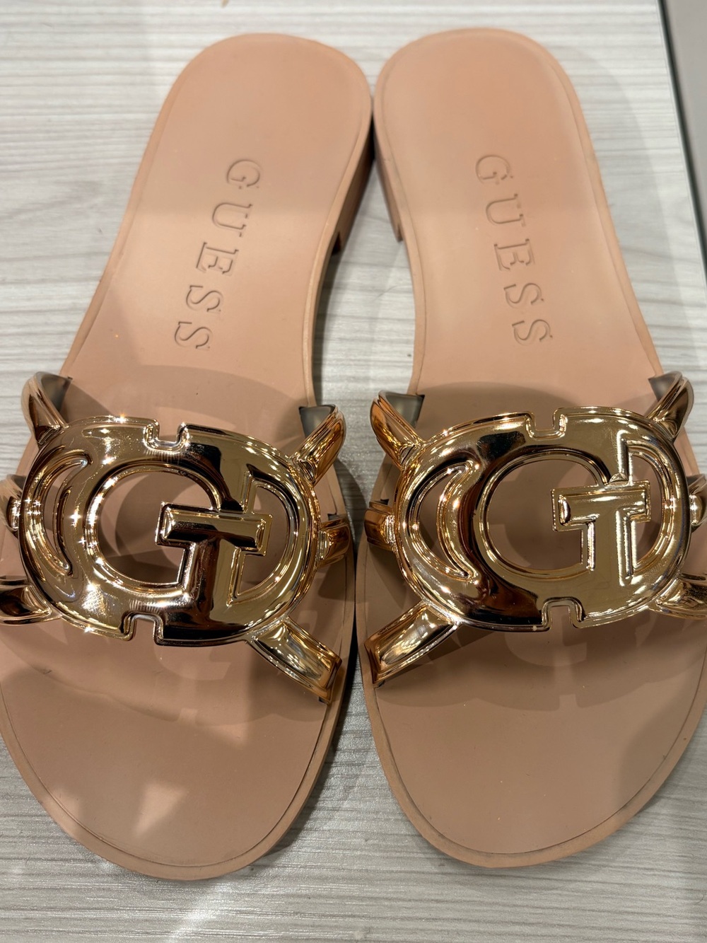 GUESS Nude Slip-On Sandals with Gold Logo Emblem